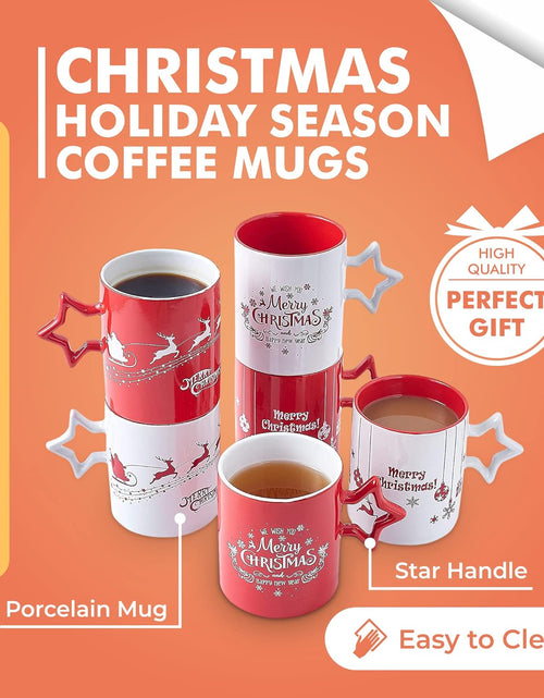 Load image into Gallery viewer, Red &amp; White Christmas Coffee Mugs with Star Handle Set of 6 | Large-Sized Christmas Mugs 14 Ounce New Year Holidays Novelty Christmas Cups - Decorative DIY Christmas Cute Mugs for Hot or Cold
