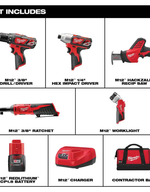 Load image into Gallery viewer, M12 12V Lithium-Ion Cordless Combo Kit (5-Tool) with Two 1.5 Ah Batteries, Charger and Tool Bag
