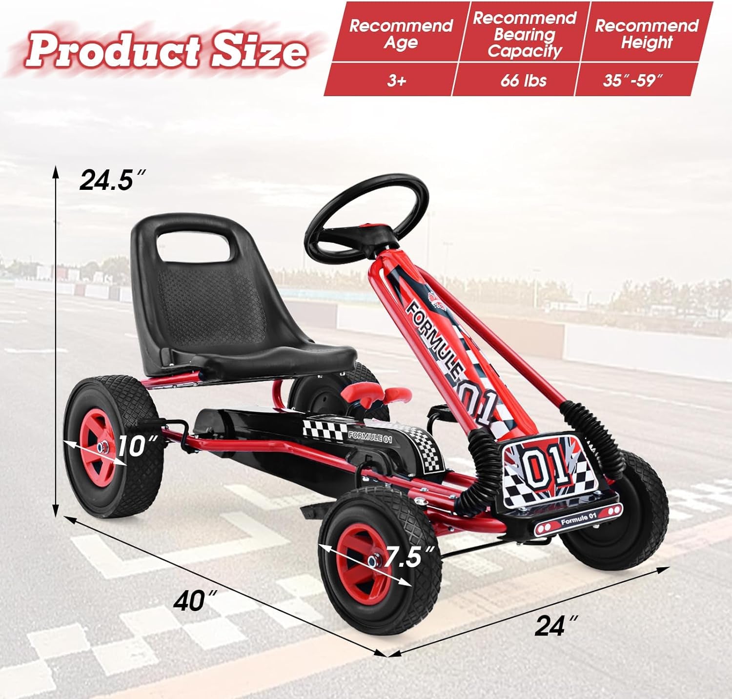 Go Kart for Kids, 4 Wheel Quad Off-Road Pedal on Foot Go Cart W/Steering Wheels & Adjustable Seat, 2 Safety Brakes, EVA Tires, Clutch, Outdoor Racer Ride on Pedal Car (Red)